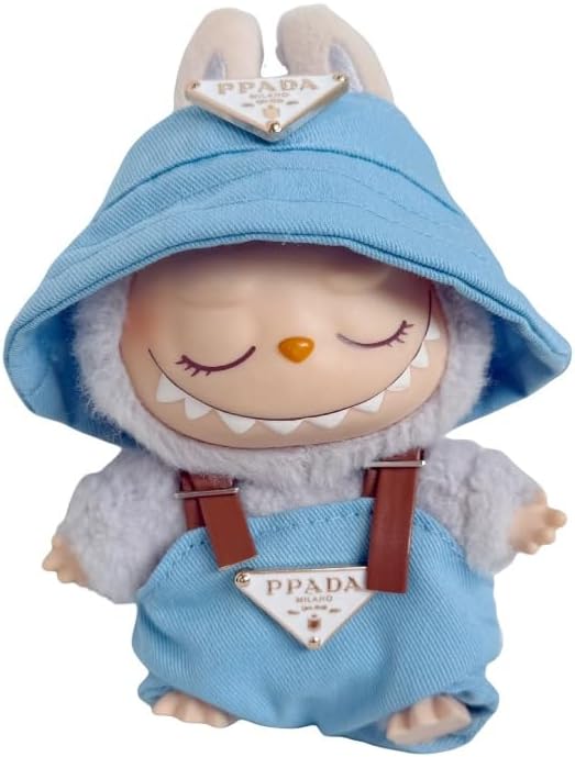 Labubu 服 Labubuぬいぐるみ 対応 手作り デニムオーバーオール＆帽子セット labubu clothes 手工製作 Labubu アクセサリー かわいい ドール服 (ブルーP,2点セット)