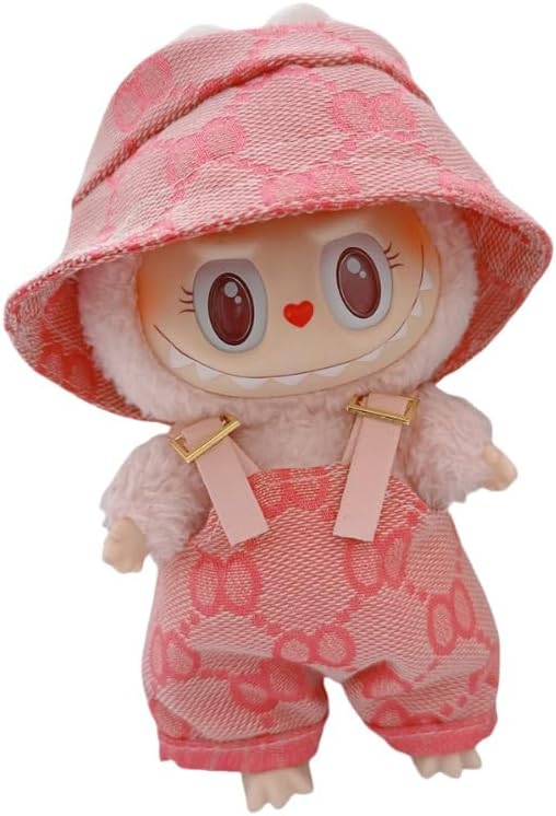 Labubu 服 Labubuぬいぐるみ 対応 手作り デニムオーバーオール＆帽子セット labubu clothes 手工製作 Labubu アクセサリー かわいい ドール服 (ブルーP,2点セット)