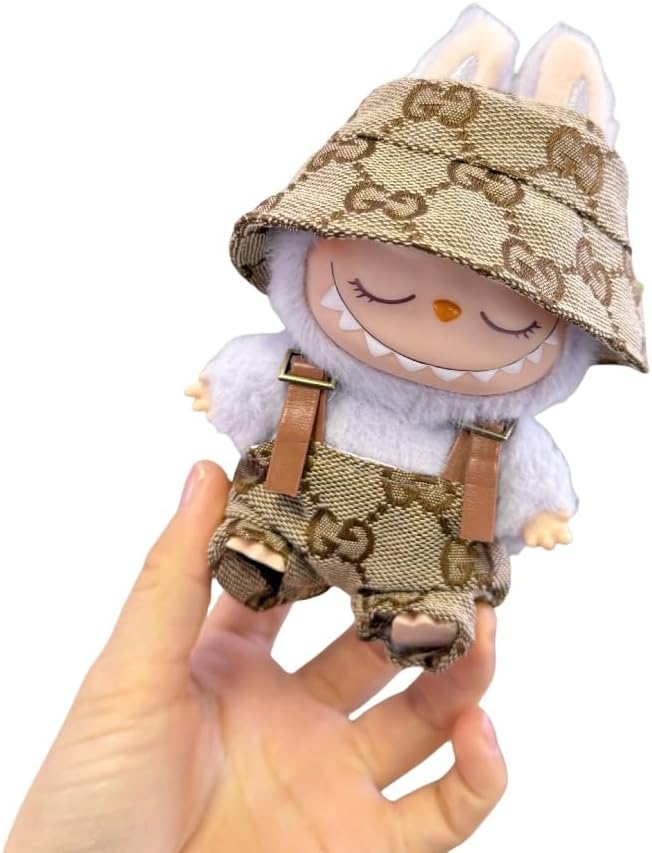 Labubu 服 Labubuぬいぐるみ 対応 手作り デニムオーバーオール＆帽子セット labubu clothes 手工製作 Labubu アクセサリー かわいい ドール服 (ブルーP,2点セット)