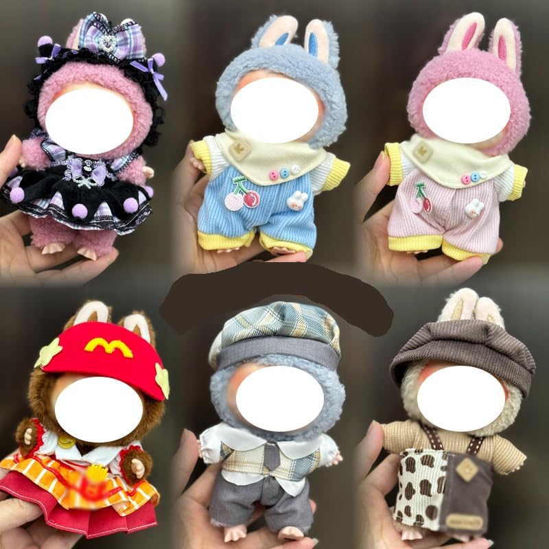 Labubu 服 Labubuぬいぐるみ 対応 手作り デニムオーバーオール＆帽子セット labubu clothes 手工製作 Labubu アクセサリー かわいい ドール服 (11, 17cm)