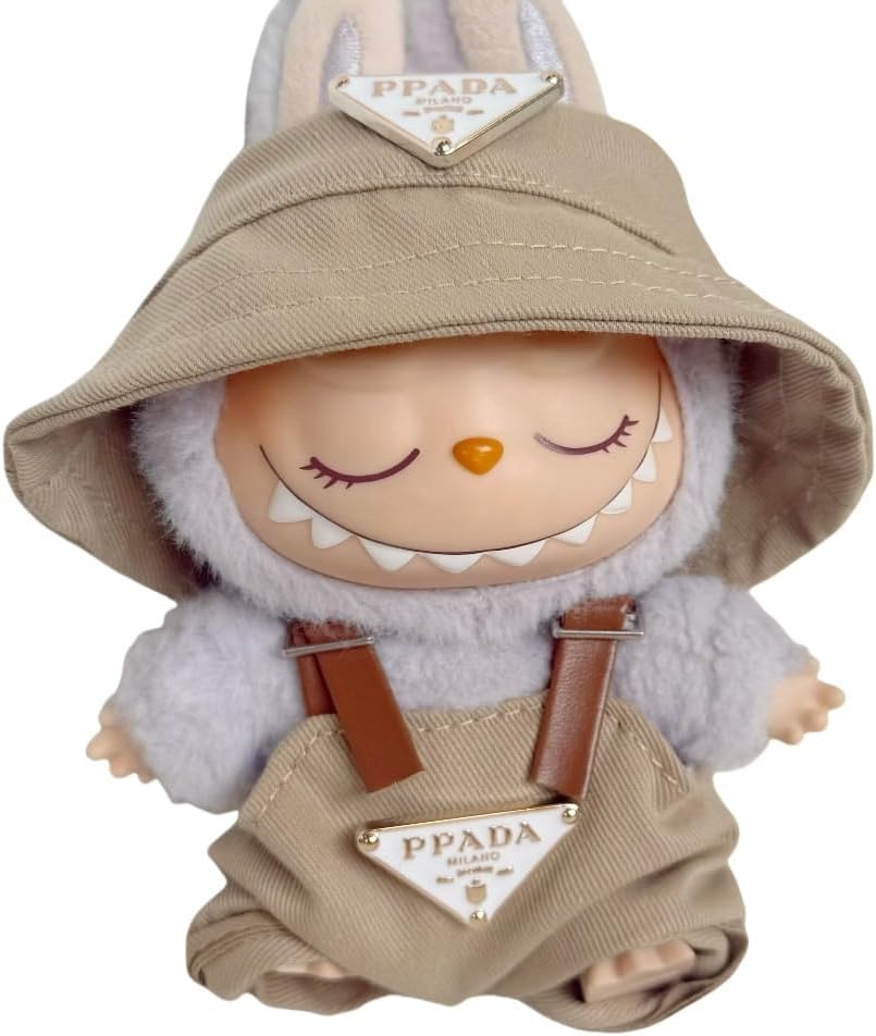 Labubu 服 Labubuぬいぐるみ 対応 手作り デニムオーバーオール＆帽子セット labubu clothes 手工製作 Labubu アクセサリー かわいい ドール服 (ブルーP,2点セット)