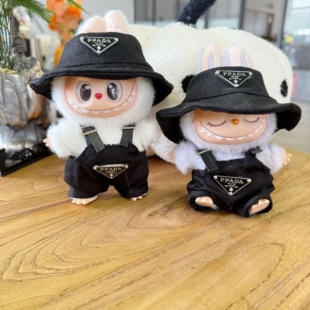 Labubu 服 Labubuぬいぐるみ 対応 手作り デニムオーバーオール＆帽子セット labubu clothes 手工製作 Labubu アクセサリー かわいい ドール服 (ブルーP,2点セット)