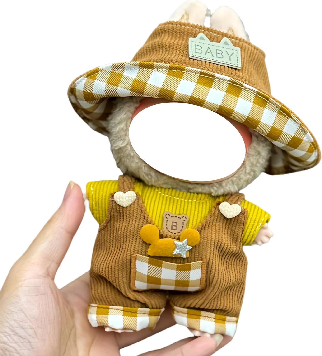 Labubu 服 Labubuぬいぐるみ 対応 手作り デニムオーバーオール＆帽子セット labubu clothes 手工製作 Labubu アクセサリー かわいい ドール服 (11, 17cm)