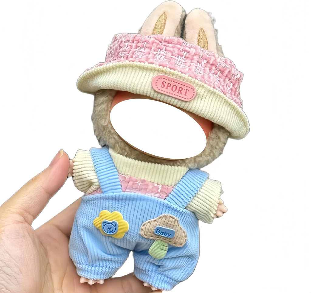 Labubu 服 Labubuぬいぐるみ 対応 手作り デニムオーバーオール＆帽子セット labubu clothes 手工製作 Labubu アクセサリー かわいい ドール服 (11, 17cm)